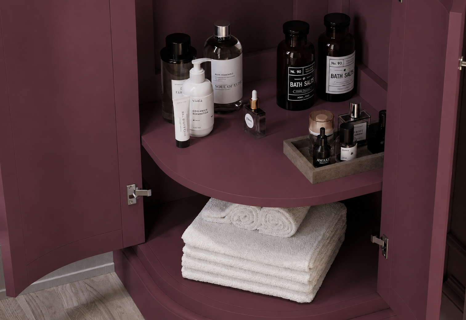 Burgundy Basin Vanity Unit with doors open and storage shelf